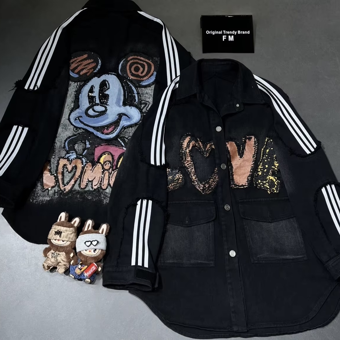 6823/FANMAJIALIE Black Denim Shirt With Mickey Cartoon Print Casual Daily Street Fashion Top Ladies' Coat Jacket