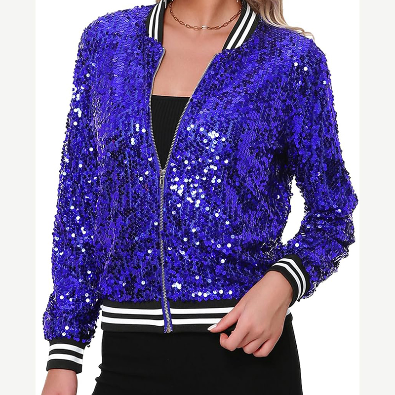 Women's Sequin Embroidered Long Sleeve Bomber Jacket With Cotton Fill Front Zip and Ribbed Cuffs for Party Dance Coats