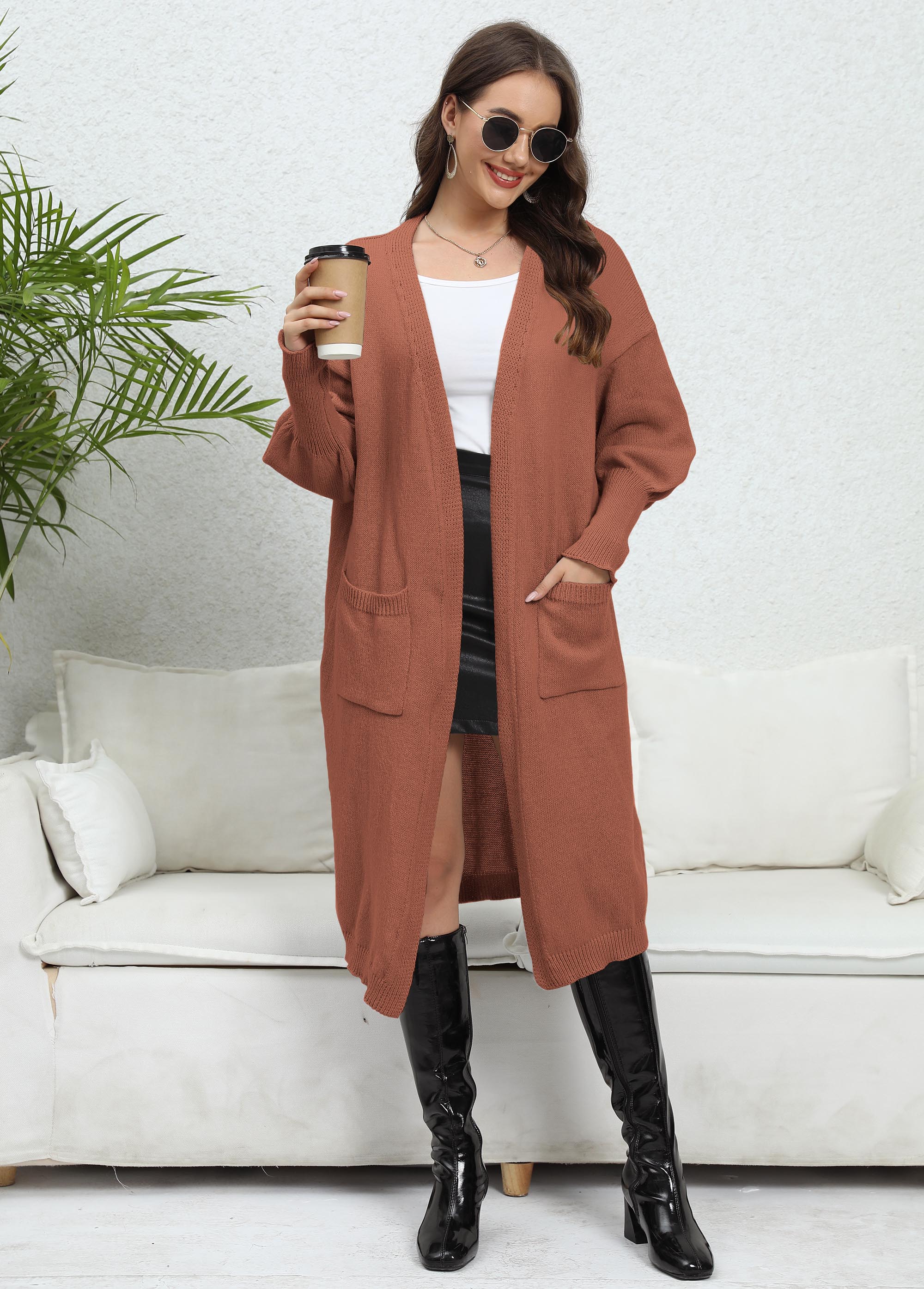 Manufacturers Wholesale Ladies Clothing Solid Open Front Long Sleeve Pocketed Thick Knitted Women Fashion Cardigan Coat Sweater