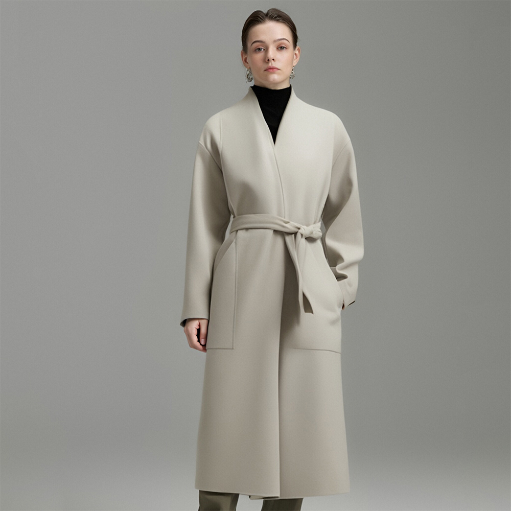 Autumn Winter Women's Trench Coat Slim Fit with Belt Solid Color Long Sleeve Woolen Overcoat Casual Outerwear