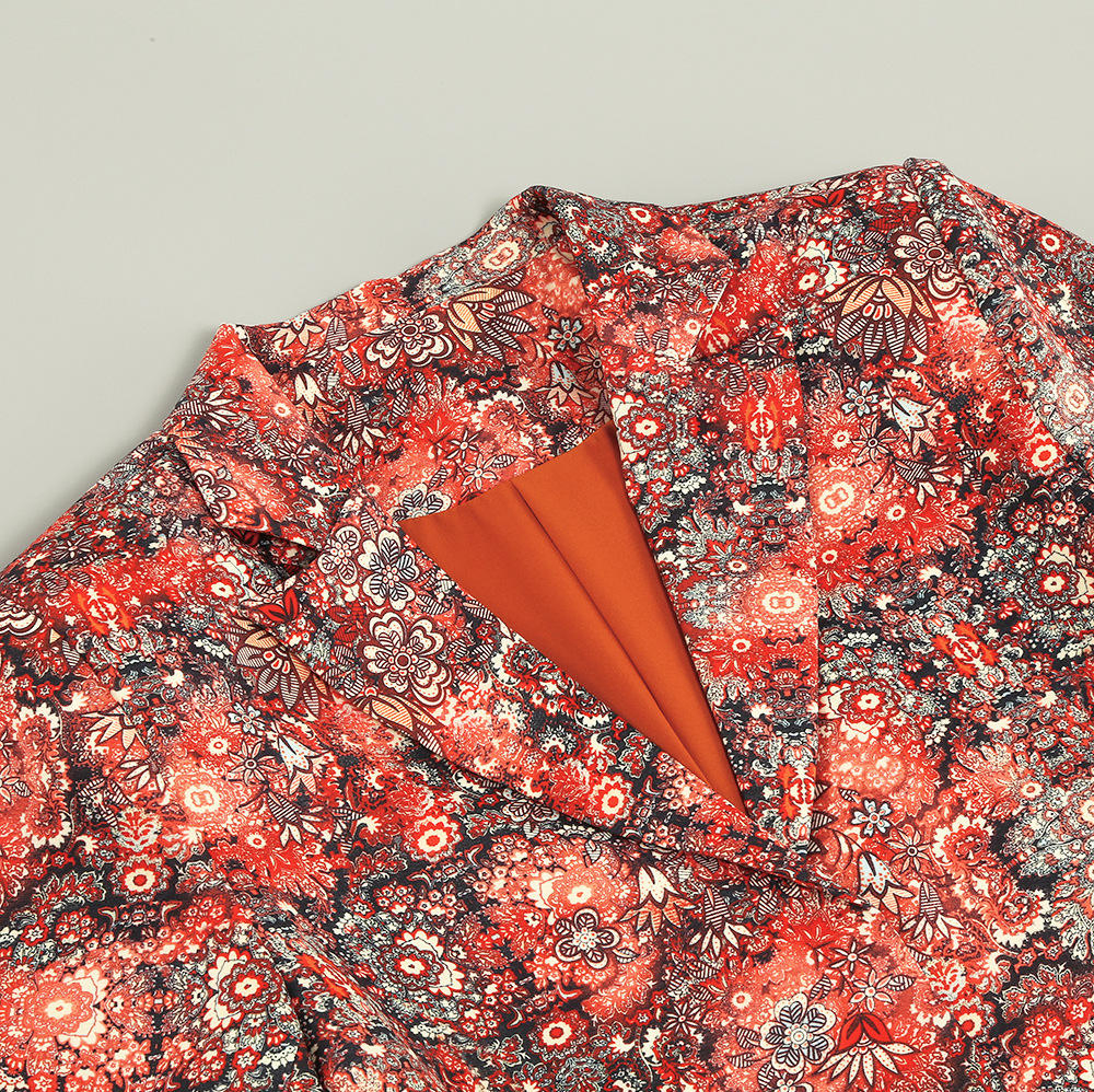Elegant Floral Print Women's Blazer with Feathers and Belt