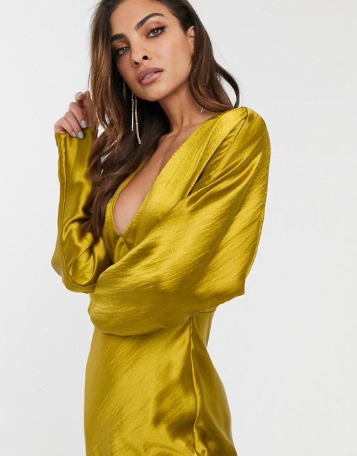 Maxi Dress Batwing Sleeve Bias Cut Olive Retro Dress Long