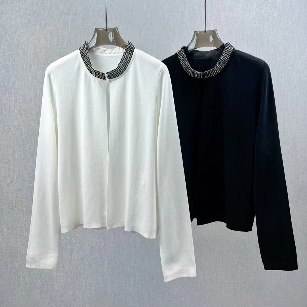 Women's Crewneck Knitted Cardigan, with Bead Embroidery at the Neckline, Single Button, Spring and Autumn Fashion Leisure Coat
