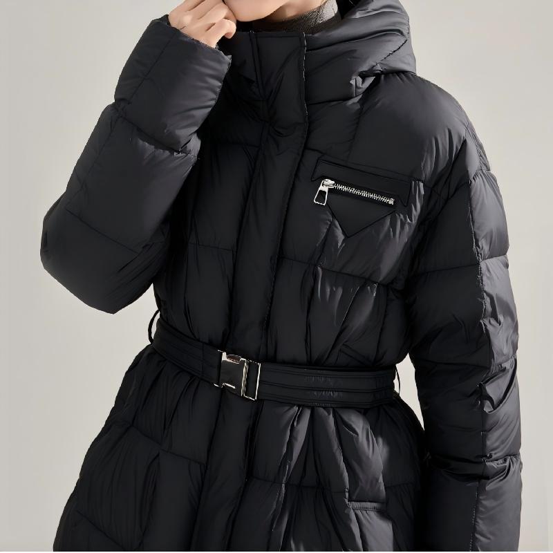 Women's Hooded Reversible Puffer Jacket Winter Warm Slim Fit Long Down Coat with Nylon Logo and Button