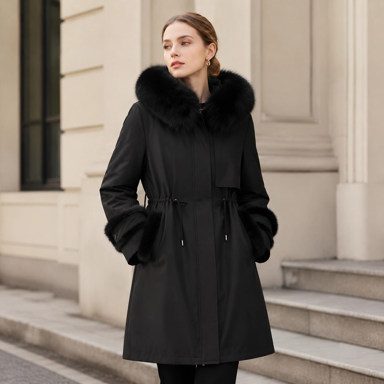 Women's Fox Fur Collar Parka with Mink Fur Lining Mid-Length Drawstring Waist Winter Coat OEM ODM