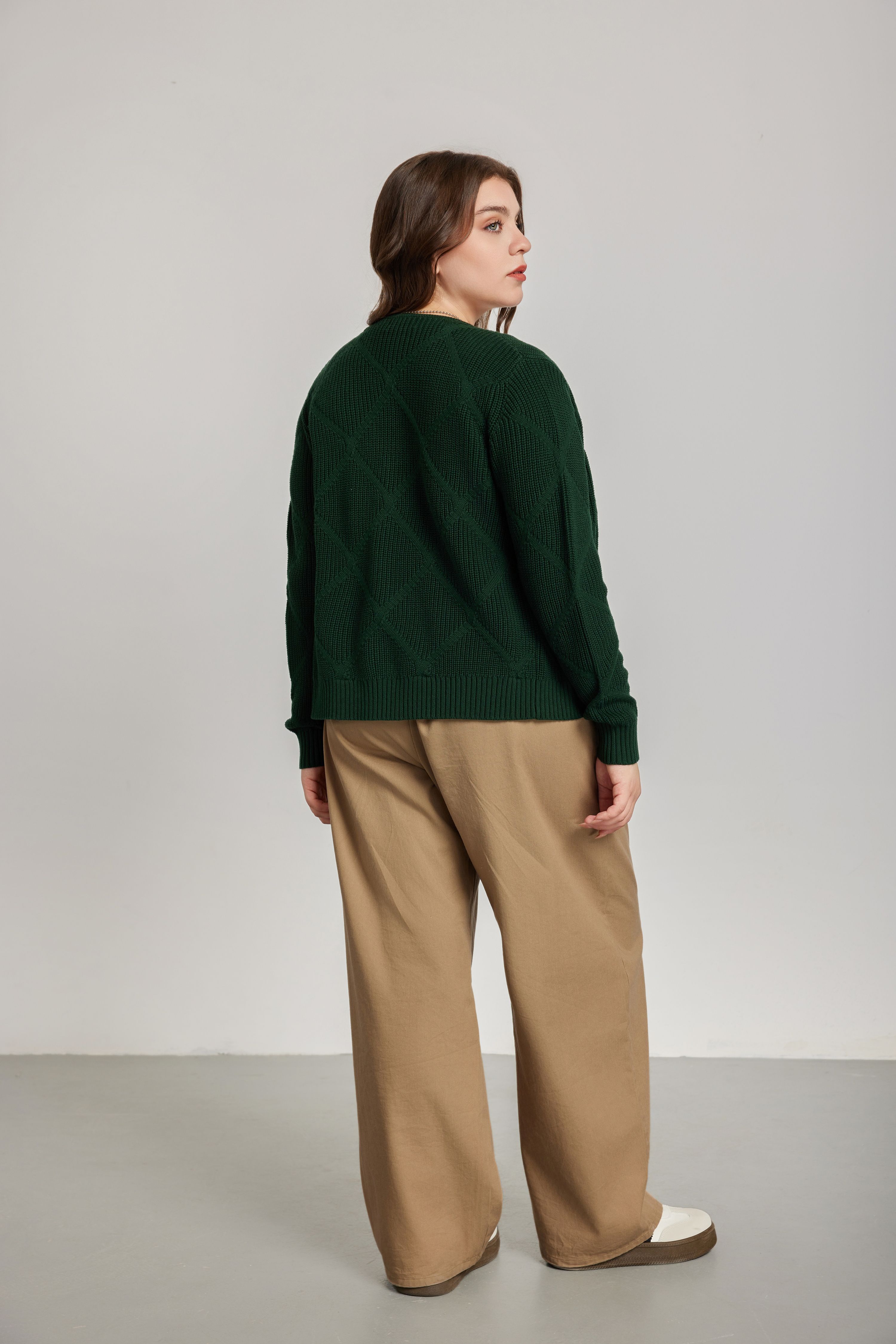 Women's Autumn Winter Easy-Wear Green V-neck Standard Cardigan Premium Gold Button Details Vintage Style 100% Cotton Knitted