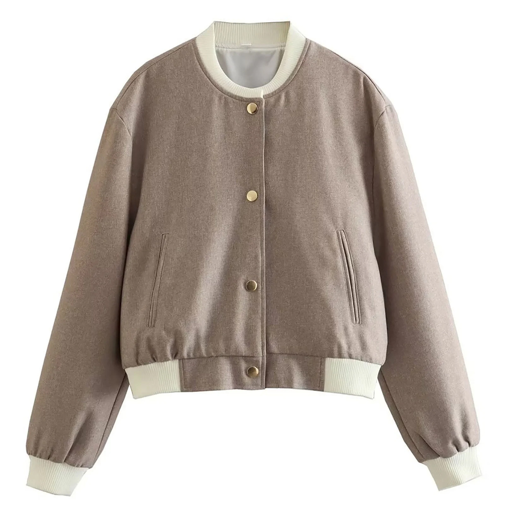 Women's Casual Button-up Bomber Jacket Solid Color Varsity Outerwear with Big Pockets Cotton-Filled Lettermen Jacket for Autumn
