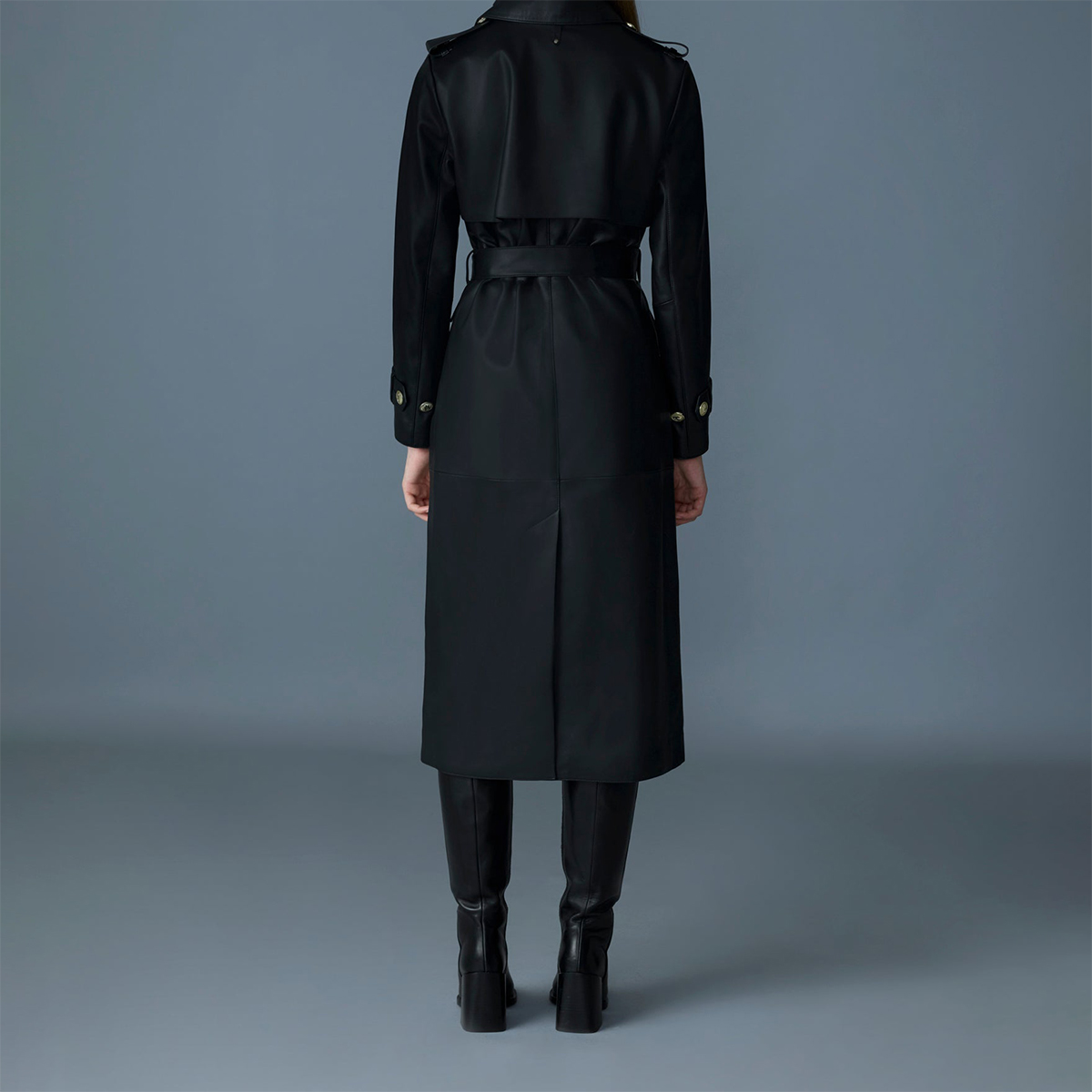 Elegant Black Leather Trench Coat with Double-Breasted Button Design and Belted Waist