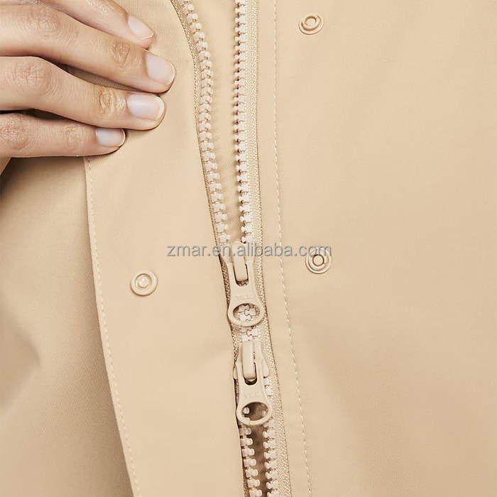 LMY331 Knee Length Parka Female Woven Recycled Snap Pockets Flap Zipper Front Coat