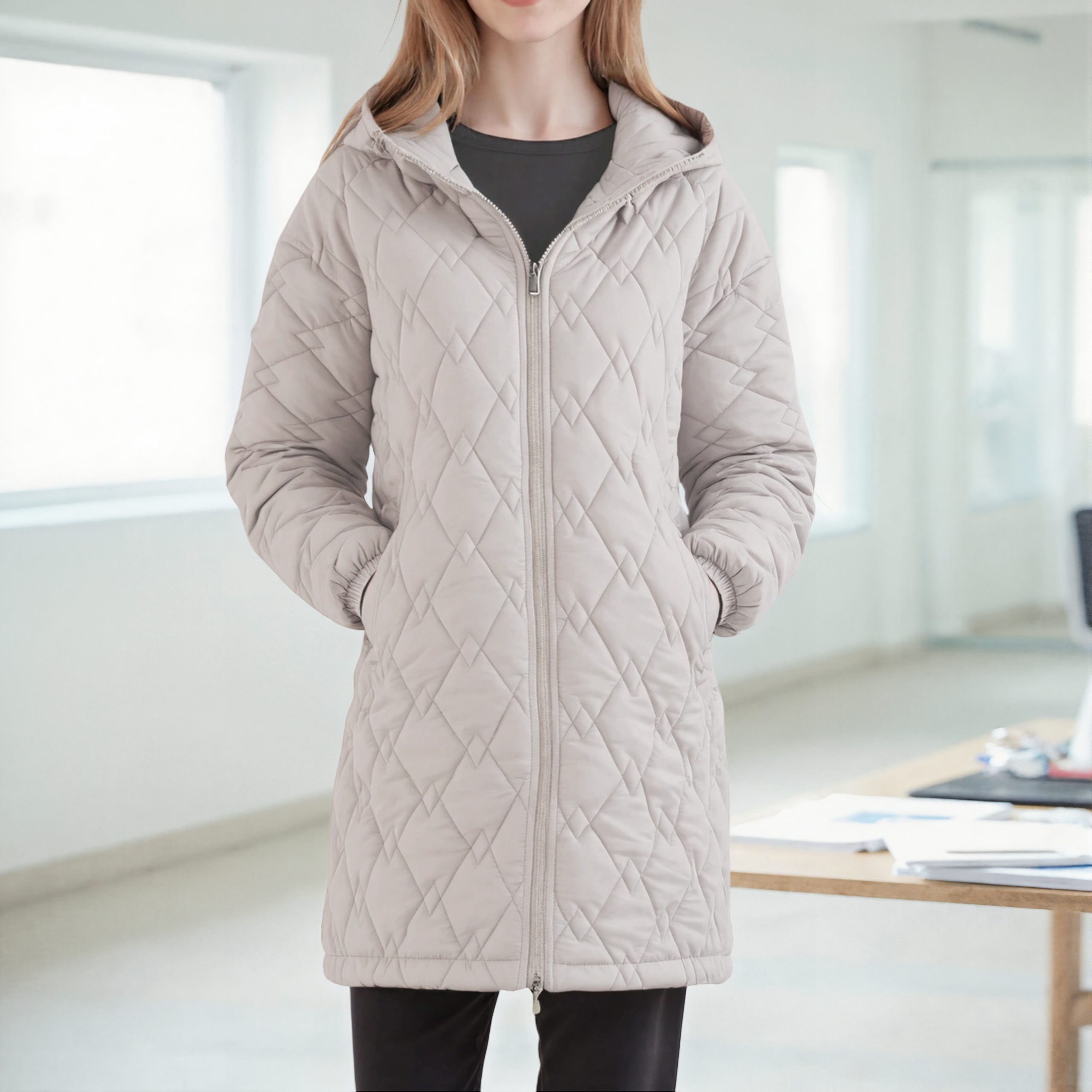 Elegant Beige Quilted Hooded Parka Women's Mid-Length Winter Outerwear Windproof Zipper Stripe