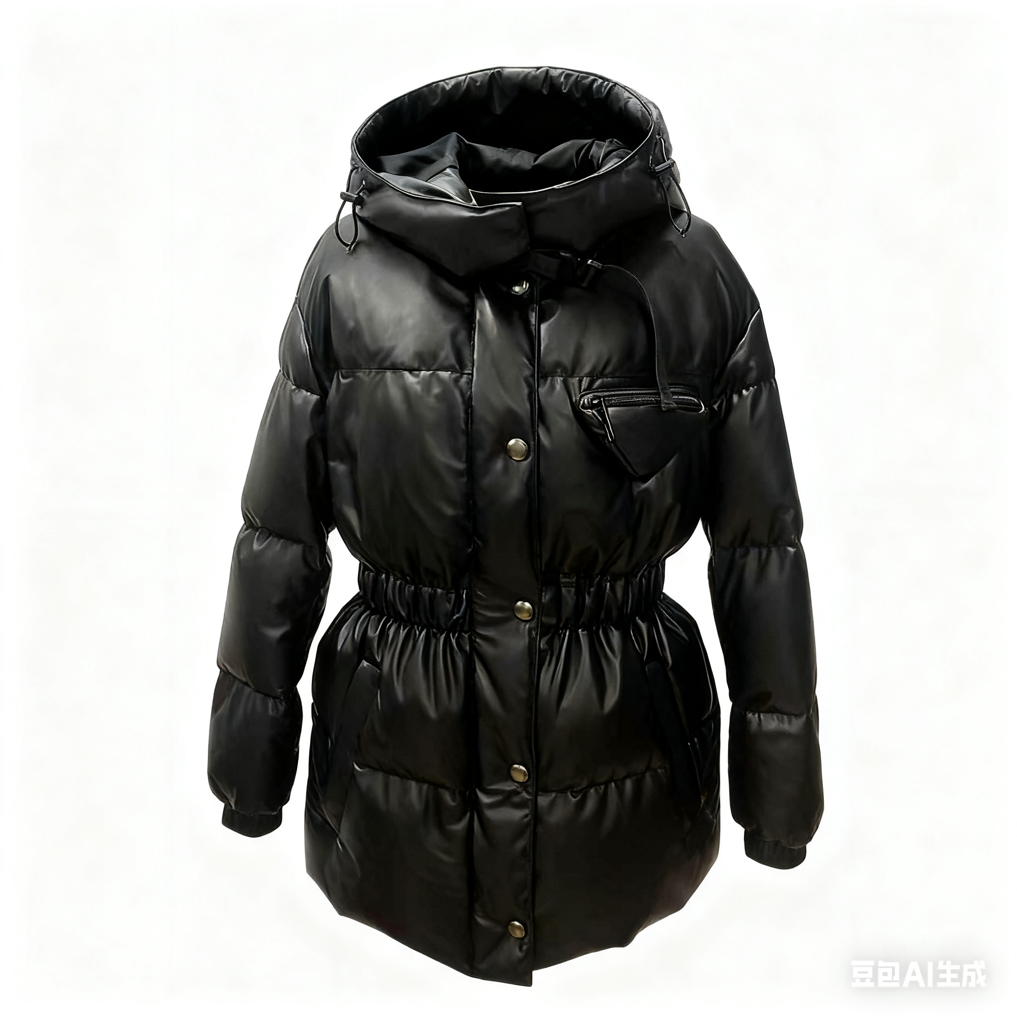 Women's Faux Leather Down Jacket - Shiny Puffer Coat with Hood &amp; Waist Drawstring