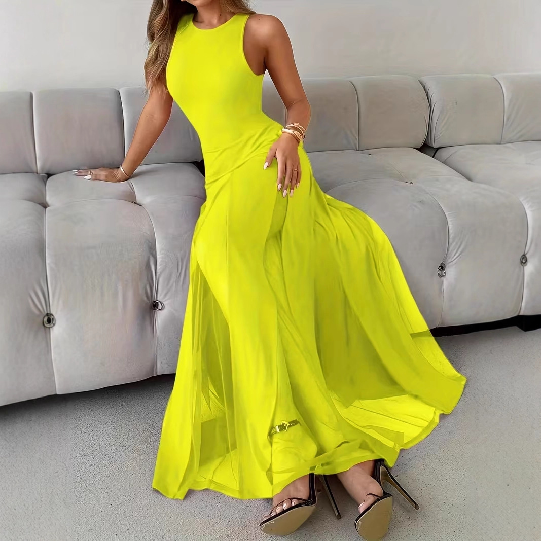 Women's Maxi A-Line Chiffon Elegant Summer Beach Sleeveless Dress with Slit Hem and Diamond Decoration Quick Dry