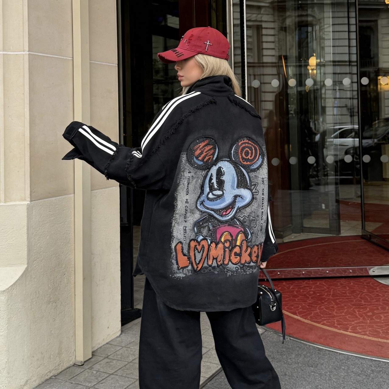 6823/FANMAJIALIE Black Denim Shirt With Mickey Cartoon Print Casual Daily Street Fashion Top Ladies' Coat Jacket