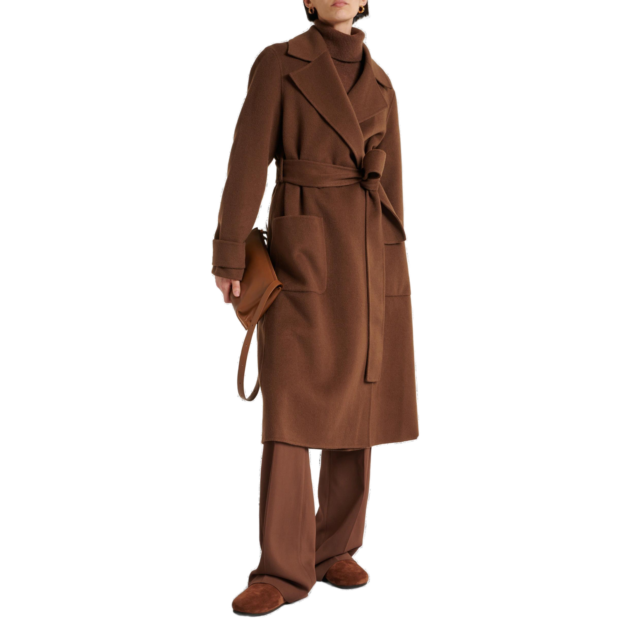 Custom Brown Belted Women's Winter Coat in Wool Cashmere Blend Elegant and Stylish Woolen Trench Coat for Women