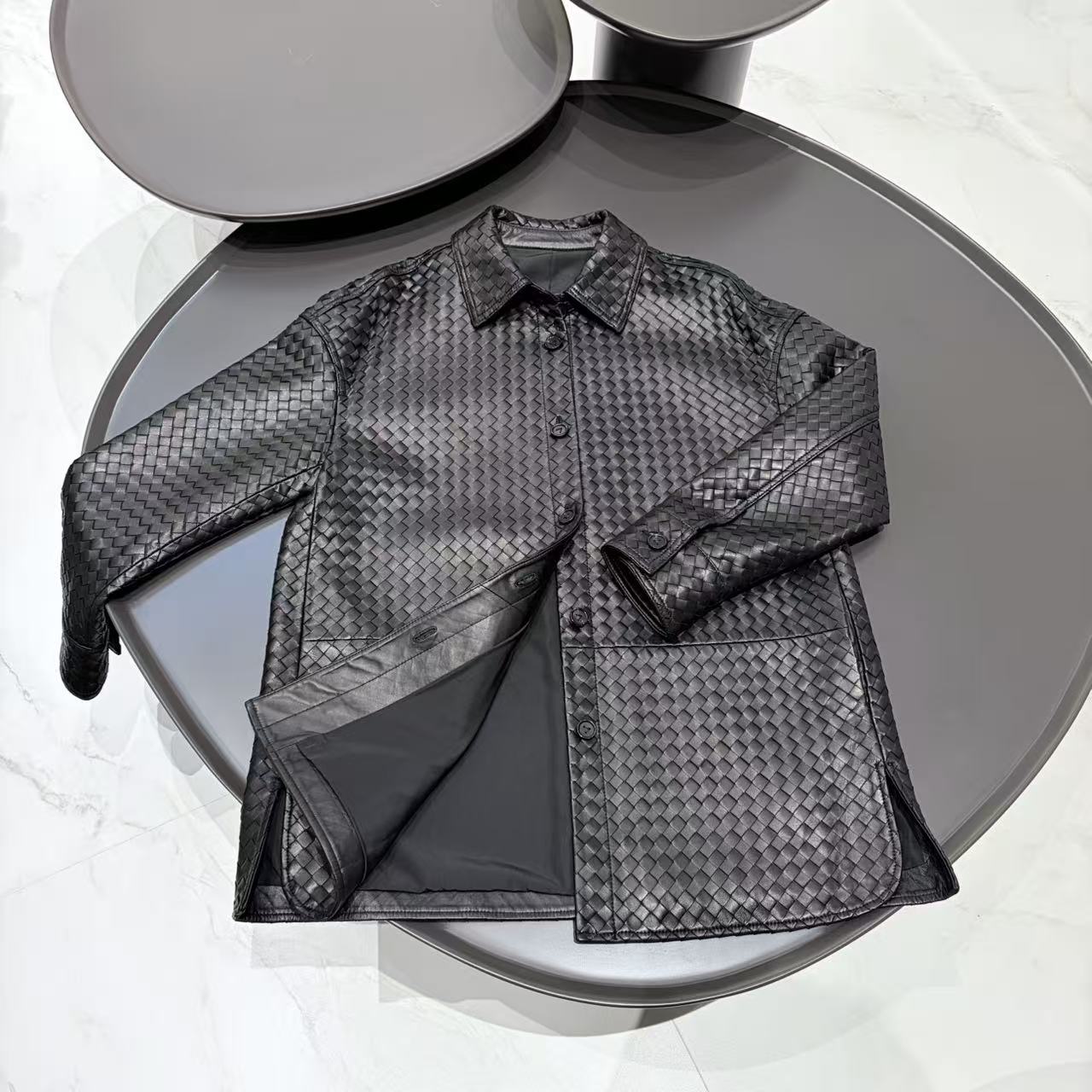 New Style Black Woven Leather Jacket Women Shirt Collar Mid Length Coat with Side Split Single Button Autumn for Outdoor