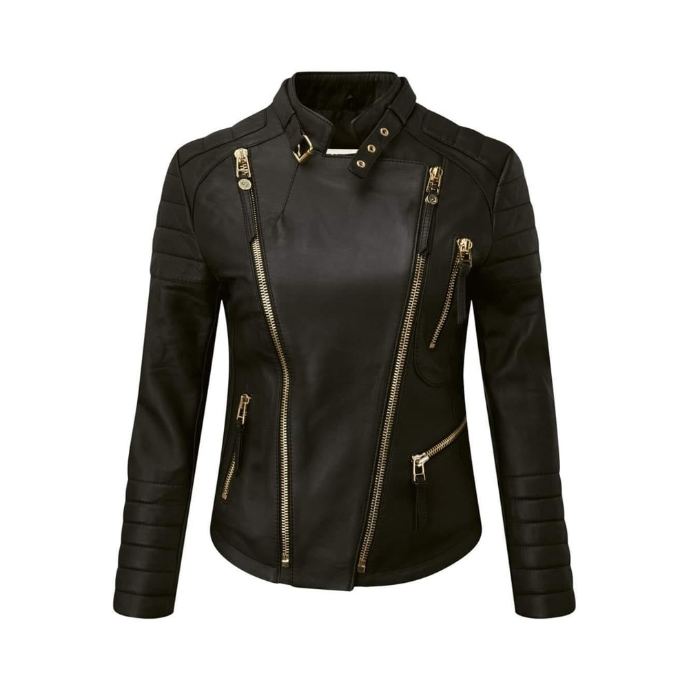 Genuine Sheep Skin Leather Women's Winter Motorcycle Jacket High Quality Custom Design Cotton Lining Embroidery Stripe