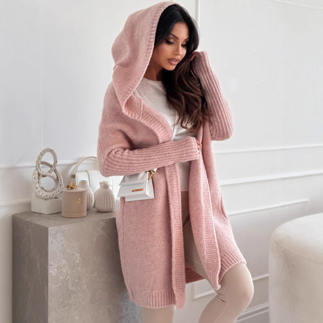 Women's Long Knit Cardigan Sweater Gentle Loose Buttonless Pink Hooded Coat Autumn Solid Classic