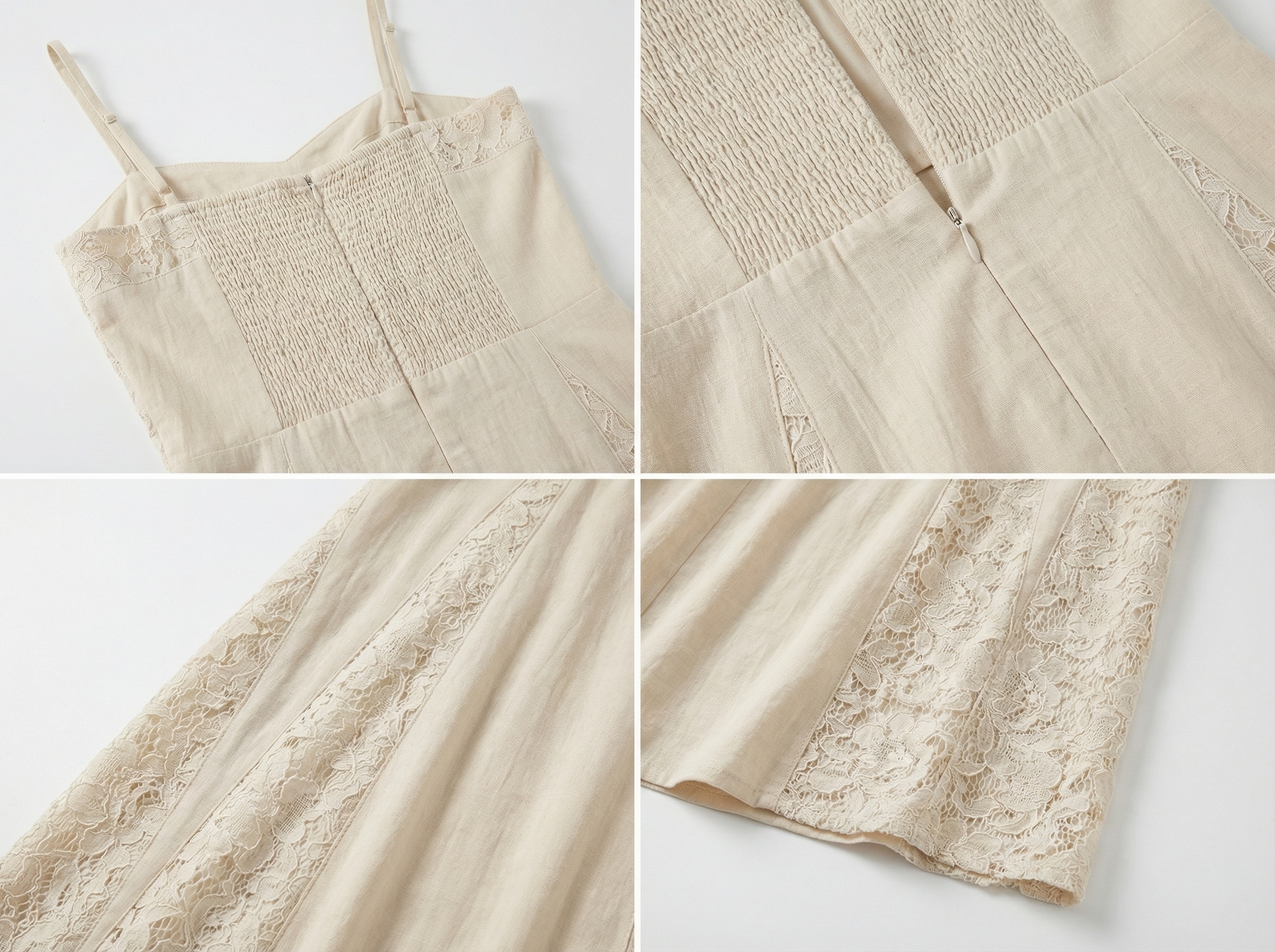 Women Ivory Lace Panel Maxi Dress Sweetheart Neck Spaghetti Strap Smocked Back A-Line Summer Vacation Long Dress