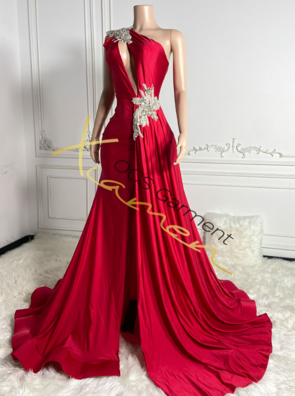 Ocstrade Rhinestone Luxury Evening Dress for Women Ladies Slash Neck Hollow Out Sexy High Slit Trumpet Party Evening Dress