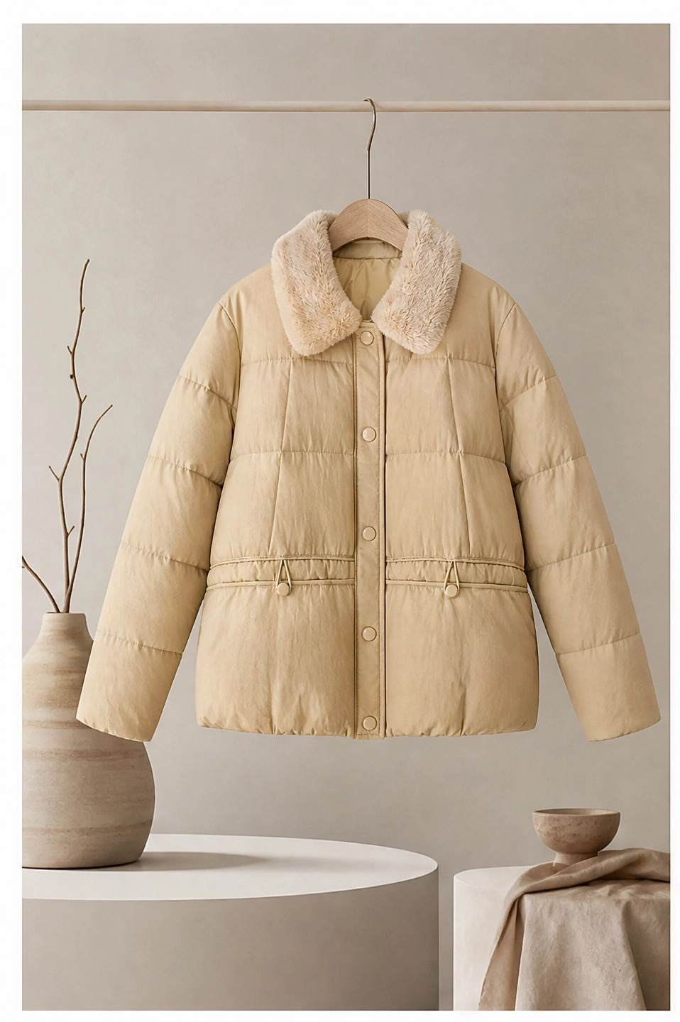 New Autumn Winter Natural Mink Fur Collar Down Jacket, Women's Short Waist-Cinching Slimming Quilted Puffer for Daily Wear