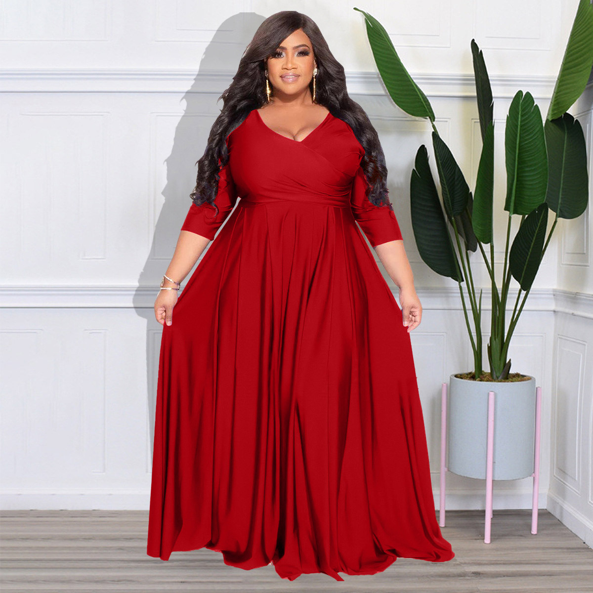 L-4XL Plus Size Women's Dresses Women Clothing V-neck Long Maxi Wedding Evening Dress Summer Spring Casual Oversized Dresses