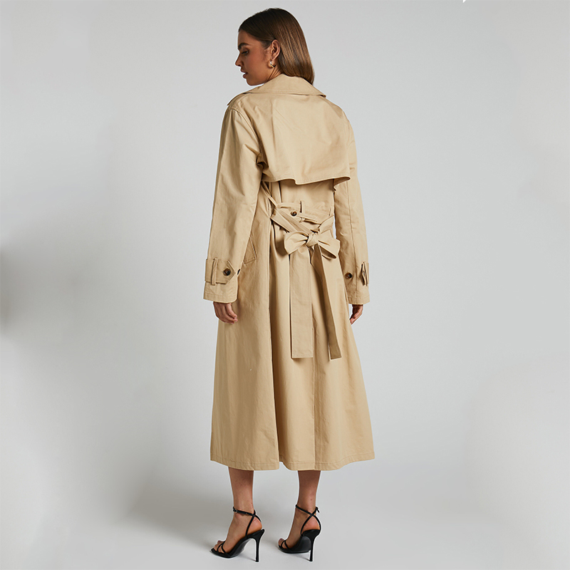 Custom Turn-Down Collar Double Breasted Tie Waist Coat Wholesale Women's Khaki Trench Coat
