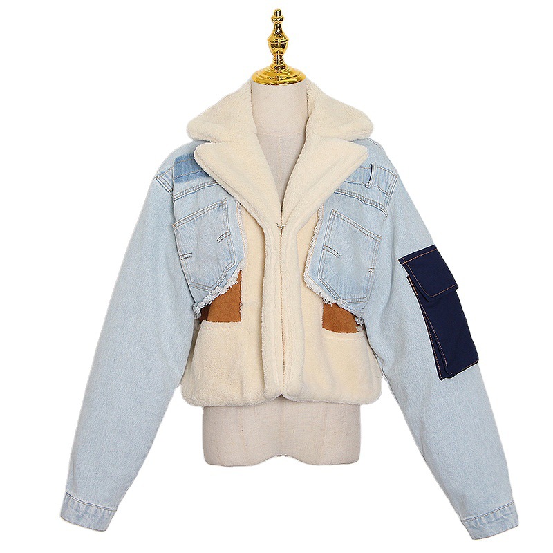 Stylish Denim Jacket Winter Women Warm Jacket Patchwork Coat Jeans Jacket