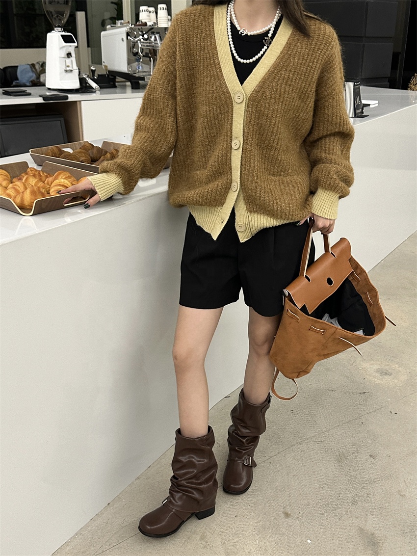 Women's Casual Wool Button Thick Knitted Cardigan Sweater V-Neck Autumn Solid Color Breathable Korean Version Coat Small Pocket