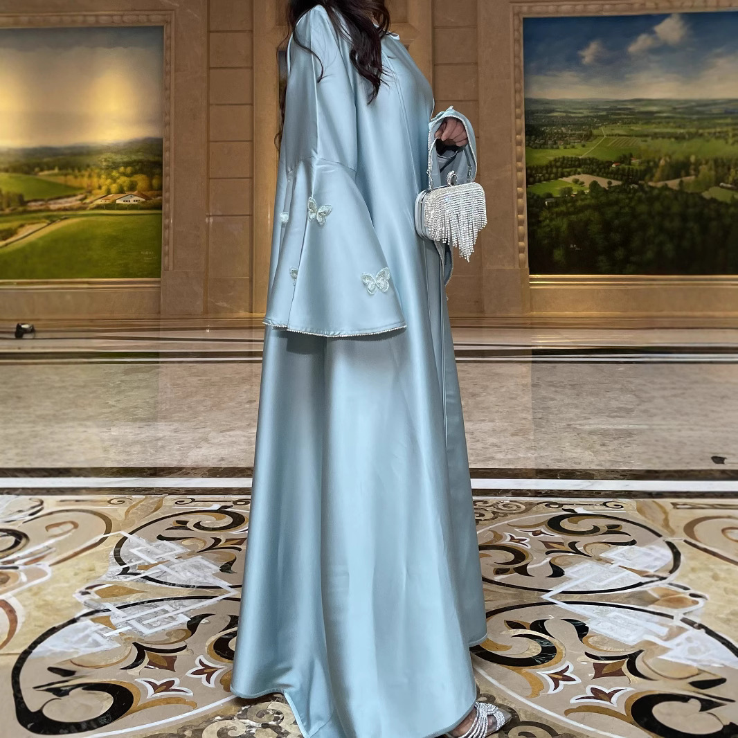 Zifeng OEM Fashion Middle Eastern Women's Muslim Butterfly Embroidered Diamond Belt Satin Cardigan Robe