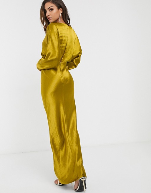 Maxi Dress Batwing Sleeve Bias Cut Olive Retro Dress Long