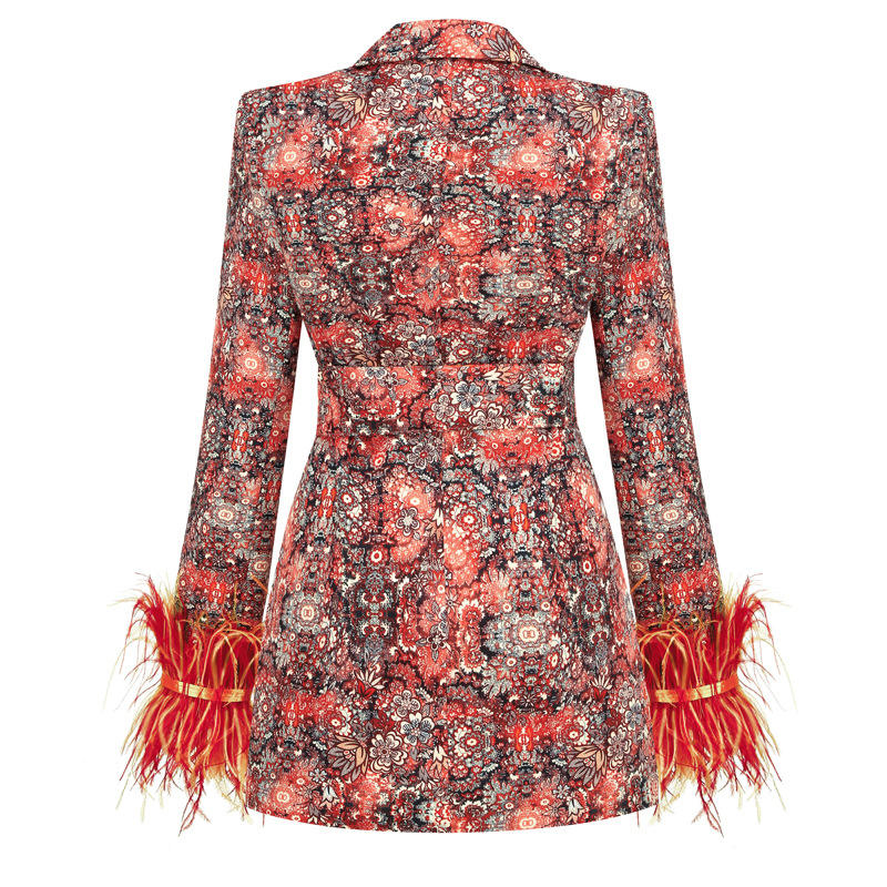 Elegant Floral Print Women's Blazer with Feathers and Belt