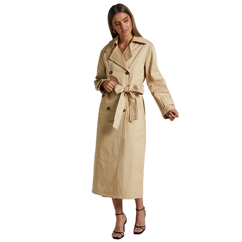 Custom Turn-Down Collar Double Breasted Tie Waist Coat Wholesale Women's Khaki Trench Coat