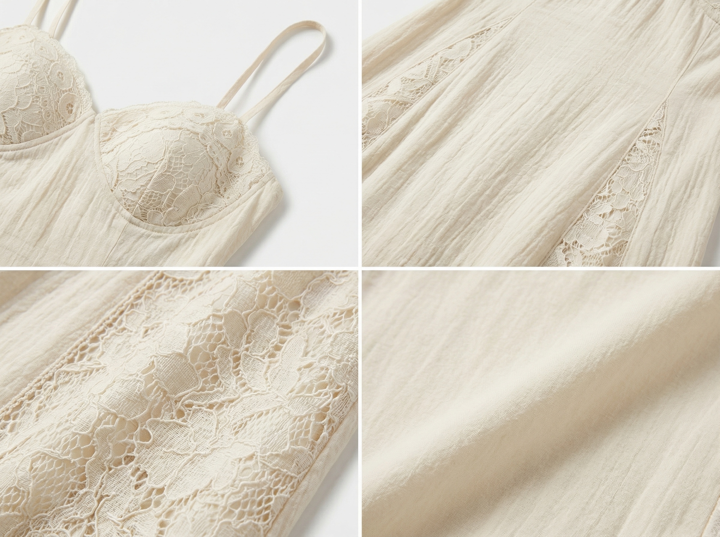 Women Ivory Lace Panel Maxi Dress Sweetheart Neck Spaghetti Strap Smocked Back A-Line Summer Vacation Long Dress