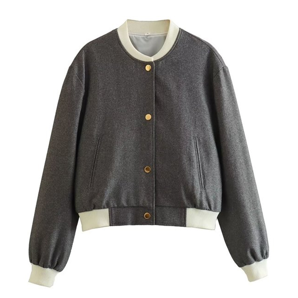 Women's Casual Button-up Bomber Jacket Solid Color Varsity Outerwear with Big Pockets Cotton-Filled Lettermen Jacket for Autumn