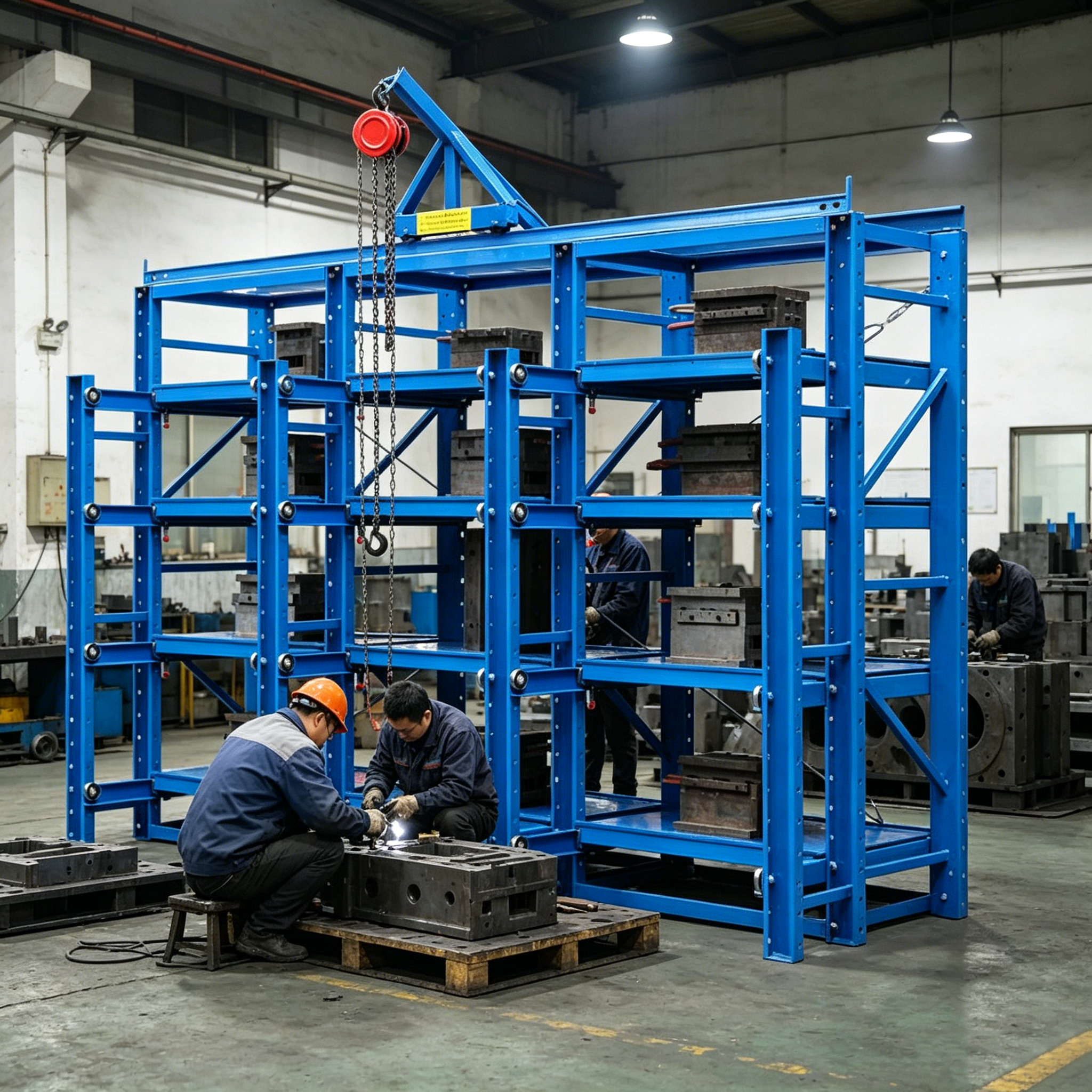 Durable Anti-Corrosion Metal Mold Rack Drawer Style Sliding Injection Mould Storage Rack With Hoist for Workshop