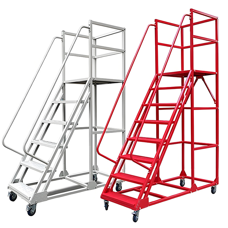 4 Wheeled Movable Large Steel Platform Portable Rolling Pick Step Ladder for Warehouse Climbing Mobile Steel Ladder Platform for