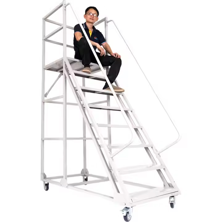 Heavy-Duty Mobile Rolling Platform Ladder with 3 Steel Safety Stairs Handrails and Wheels OEM/ODM Safety Equipment