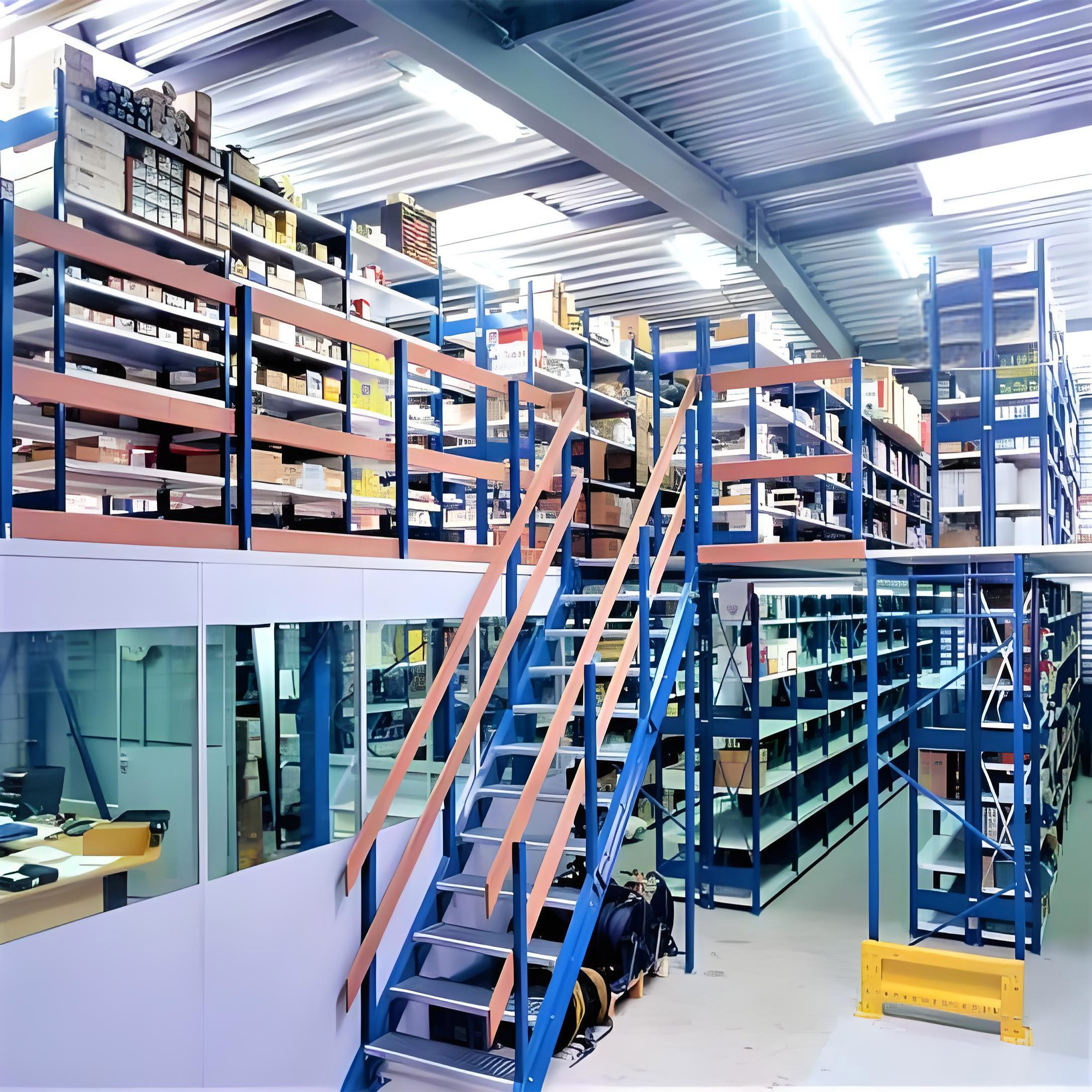Heavy Duty Industrial Mezzanine Floor Storage Racks Cold Rolled Steel Corrosion Protection Powder Coated Warehousing Rack