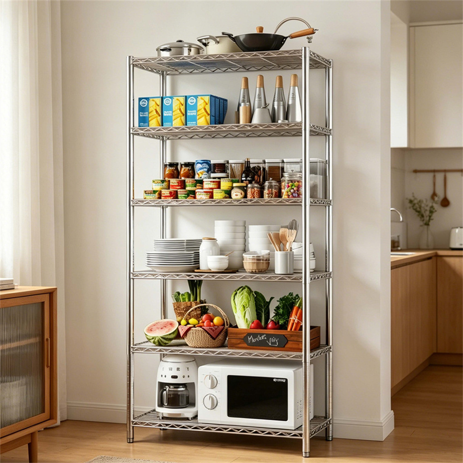 Stainless Steel Five Tier Construction Adjustable Anti-Rust Wire Mesh Rack for Household Storage Shelving Unit
