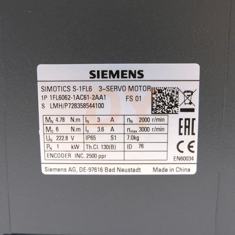 Wholesale Siemens AC Servo Motor 1FL6062-1AC61-2AA1, for SIMOTICS S-1FL6-1 Product, Suppliers