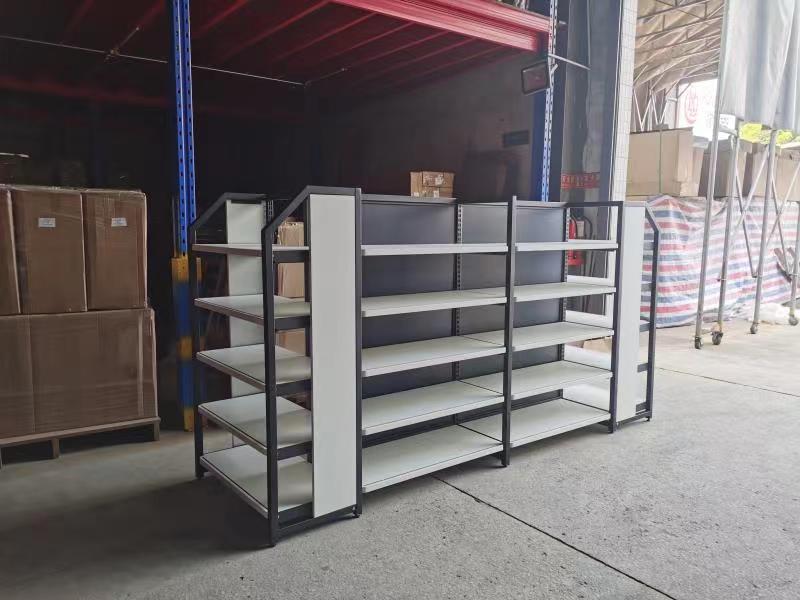 Double-Sided Island Steel and Wood Snack Shelves Supermarket Display Racks and Convenience Store Shelving Metallic Materials