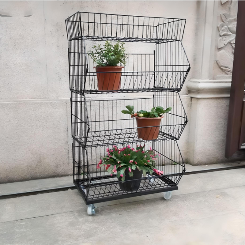 China Factory 5 Tier Wire Basket Stand Display Rack Stainless Steel Standing Basket