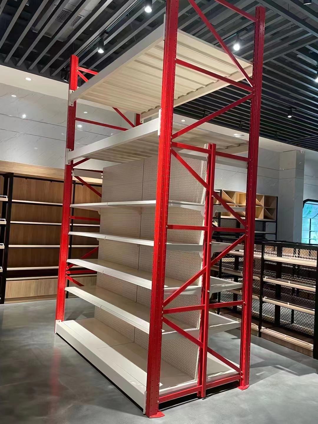 Large Heavy-Duty Double-Sided Metallic Shelves for Supermarket Storage and Display