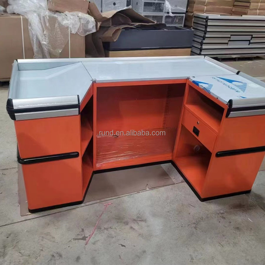 RD 02 Supermarket Checkout Counter Multi-Functional Steel and MDF Simple Wooden Display Stand for Convenience Store and Shop