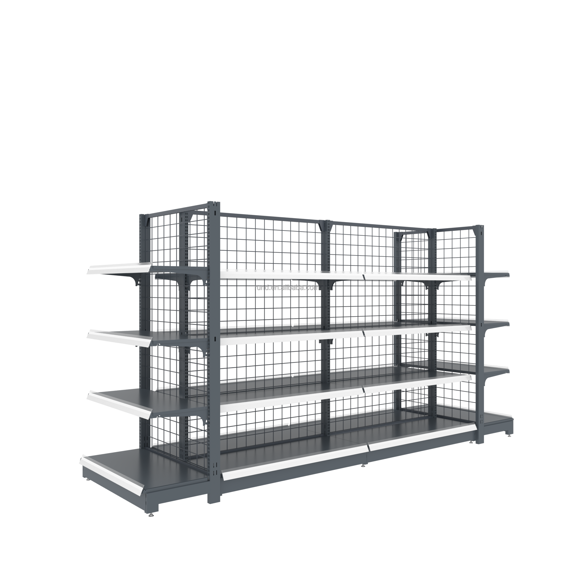 Heavy Duty Metallic Gondola Shelves Supermarket Display Stand with Double-Sided Design and 3 Shelves