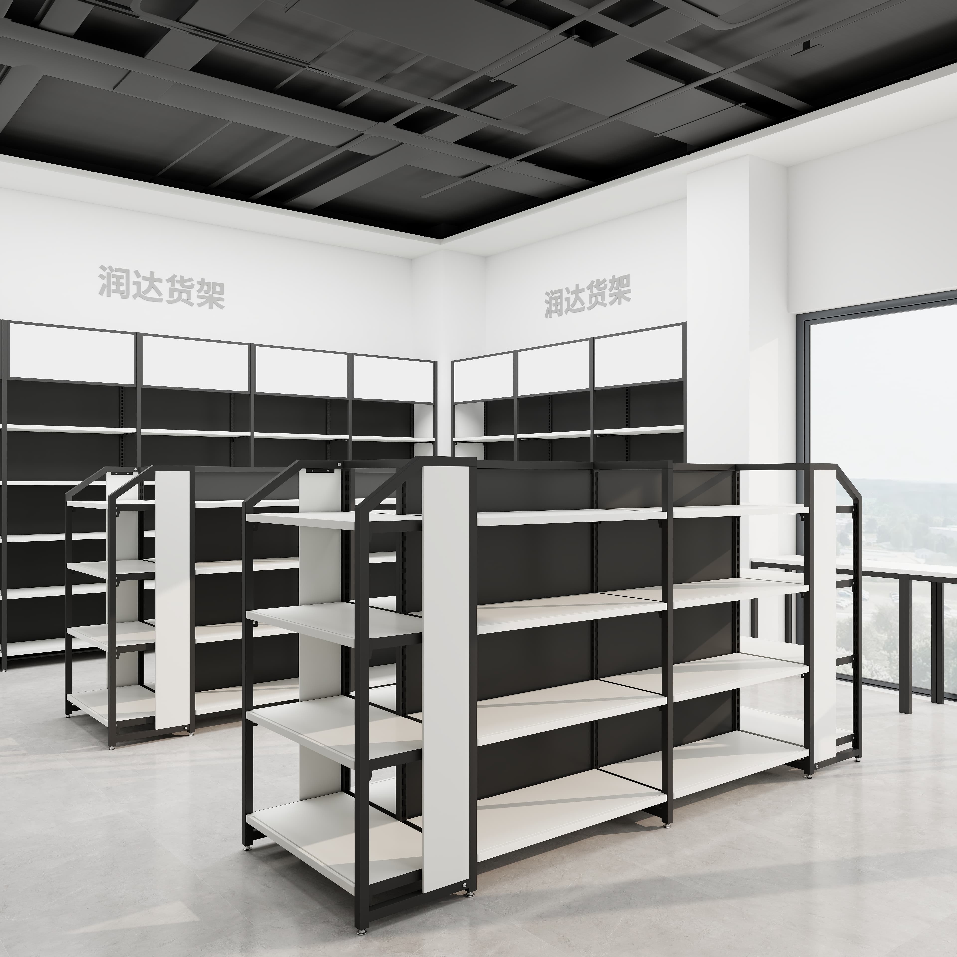Double-Sided Island Steel and Wood Snack Shelves Supermarket Display Racks and Convenience Store Shelving Metallic Materials