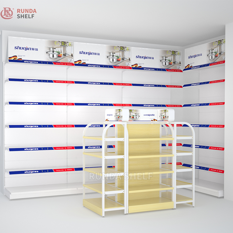 RUNDASHELF Supermarket Shelves Sturdy Light-Duty Metal Rack with Large Capacity Wood Material Display for Grocery Store & Shop