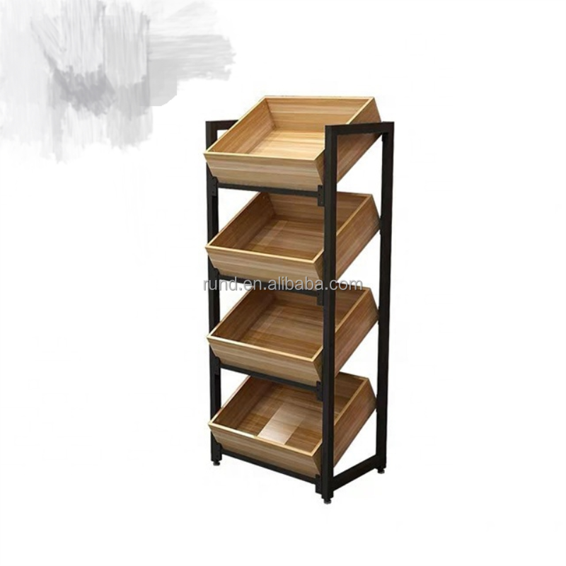 Supermarket Efficient Product Display with Wood Display Shelf Promotion Tables for Effective Retail Visualization