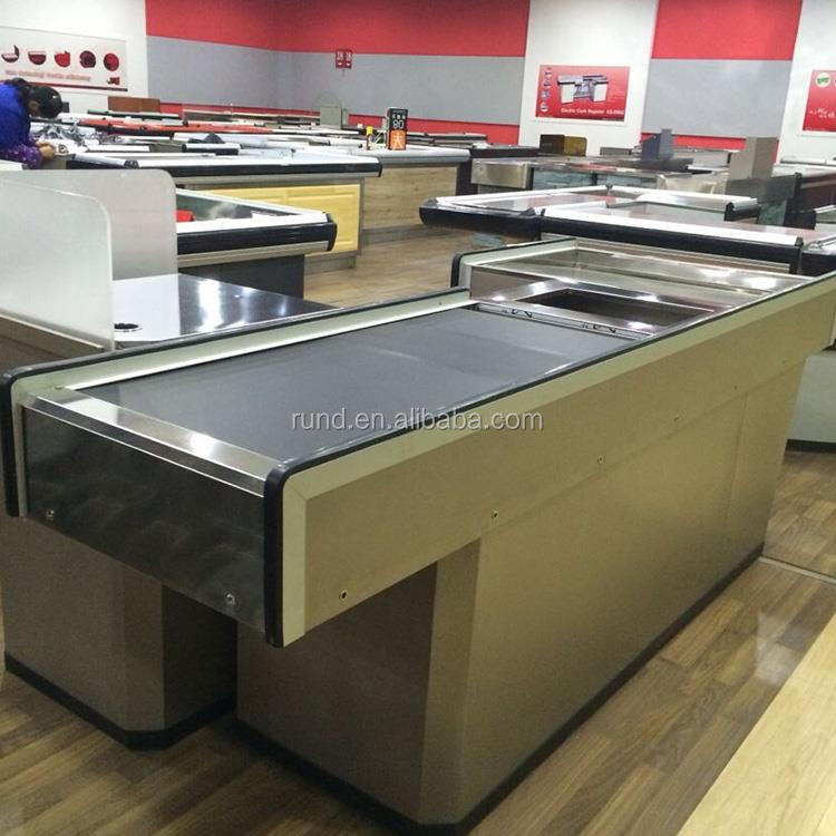 Steel Cash Register Checkout Counters with Corner Rack for Supermarket and Retail Store Use