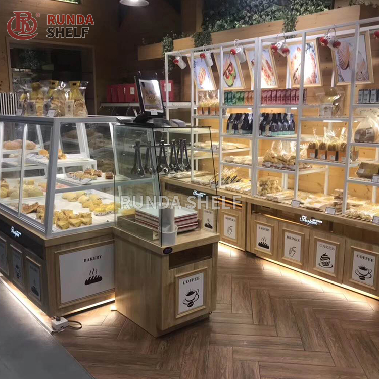 FV-05 Supermarket Bakery Showcase Rack Wooden Bread Display Shelf 800-1000mm Metal and Metallic Material